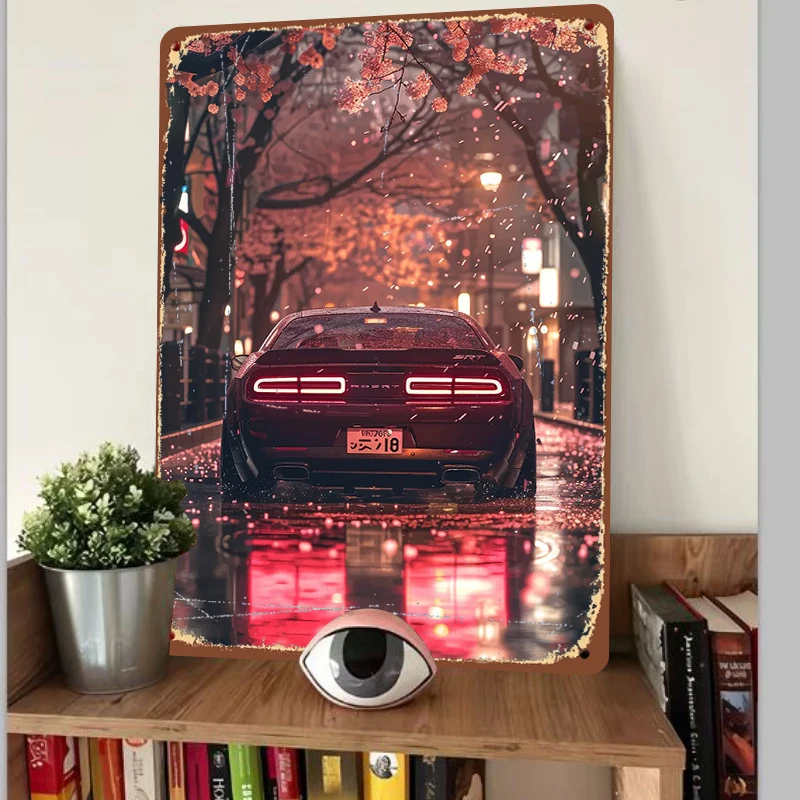 Night Sakura Road Sports Car Backdrop Metal Art Urban Street Scene Automotive Decor Modern Home Wall Hanging