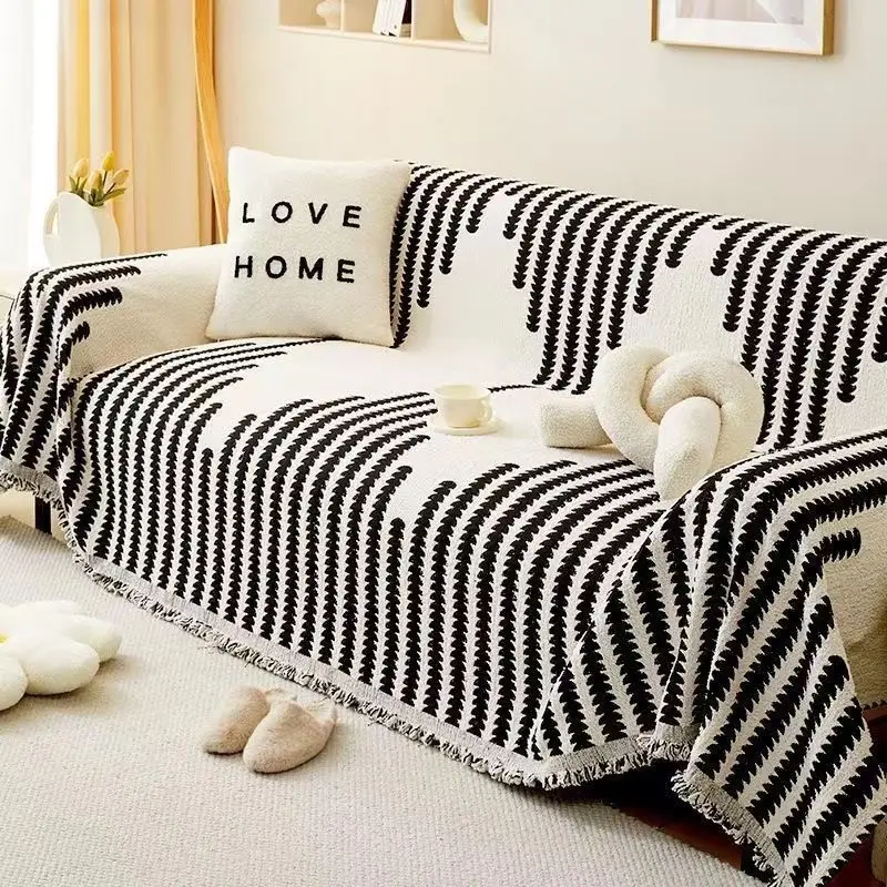 

Thicken Chenille Blanket Classic Black Stripe Sofa Blanket Summer Couch Non Slip Blanket Office Nap Shawl Cushion Sofa Covers