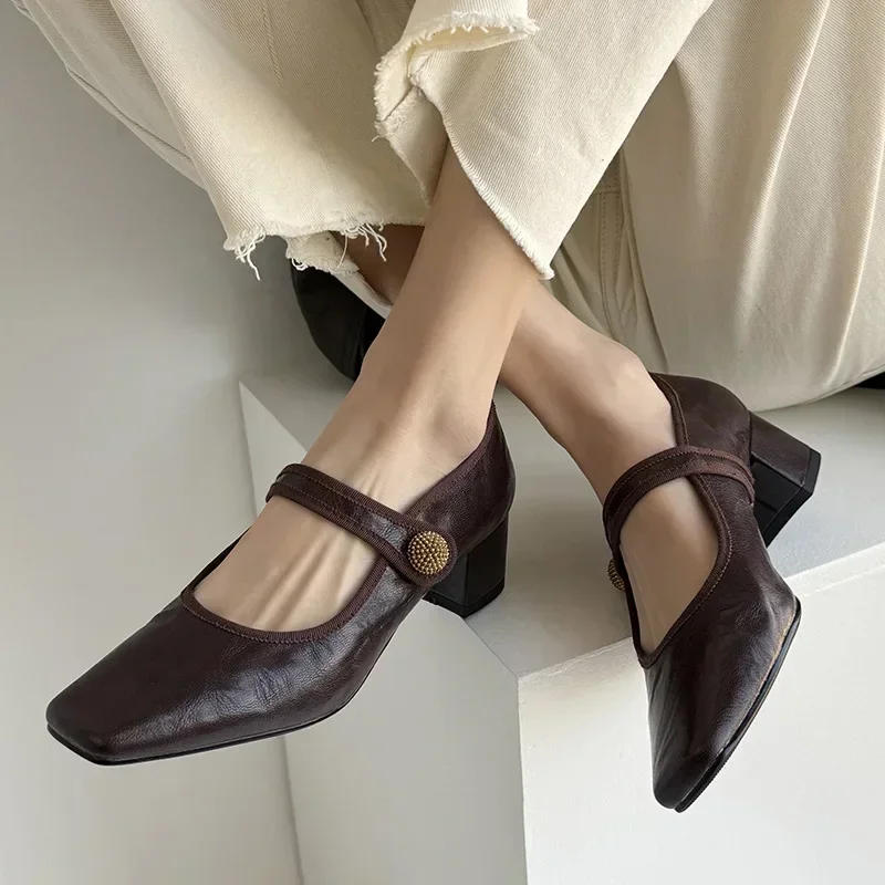 Spring High -heeled Shoes Female 2024 Dwarf Retro Dress Shoes New Fashionable Square Toe Shallow Mouthpiece