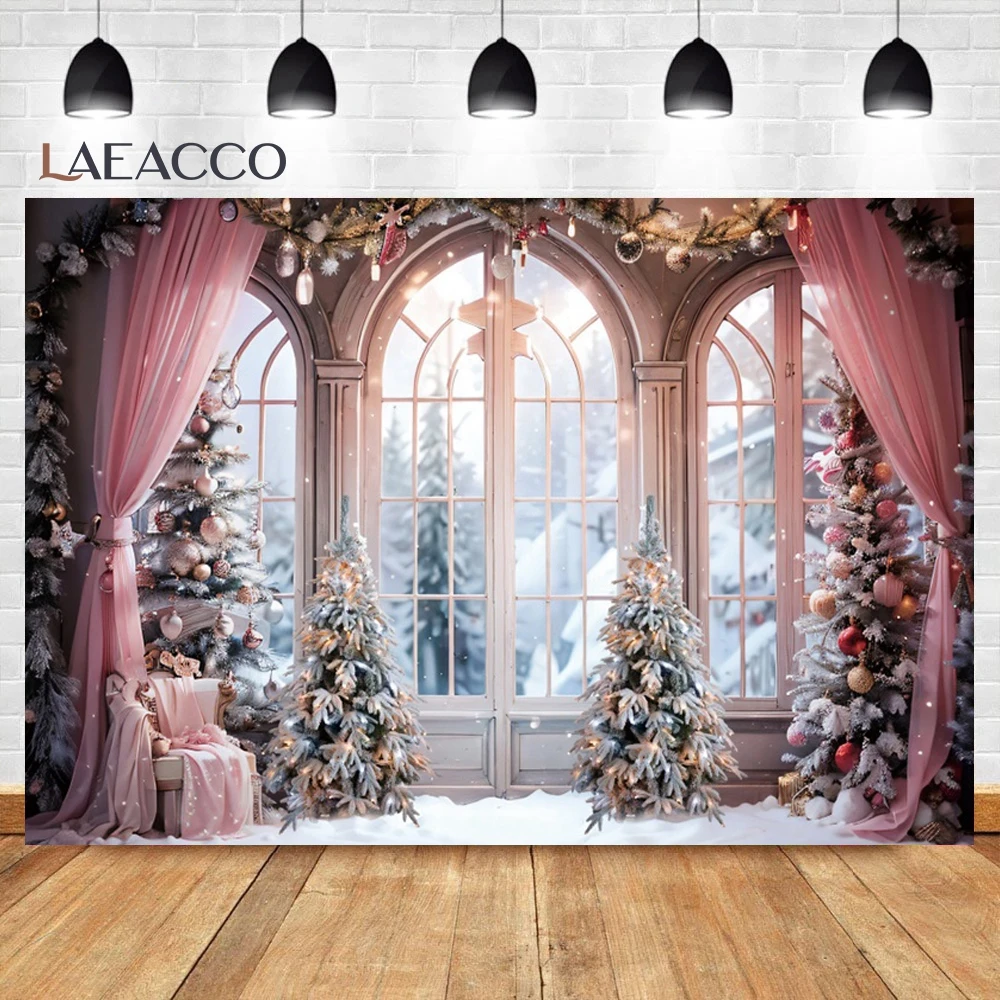 Laeacco Christmas Backdrop For Photography Light Pine Tree Window New Year Party Decor Photography Background For Photo Studio