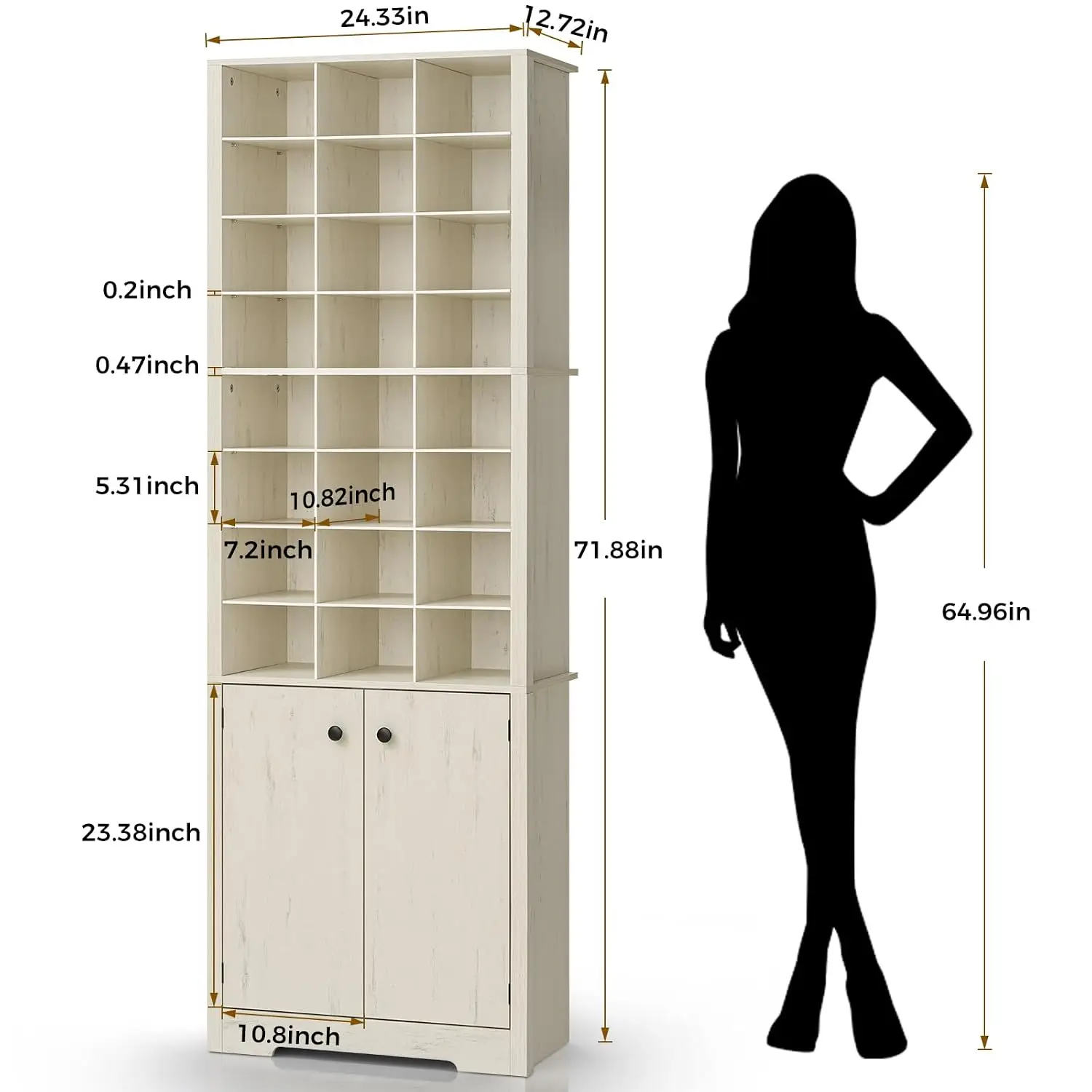 72'' Beige Tall Shoe Cabinet, Freestanding Tall Shoe Rack with Bottom Cabinet, 8-Tier 24 Cubbies Wooden Shoe, Customized