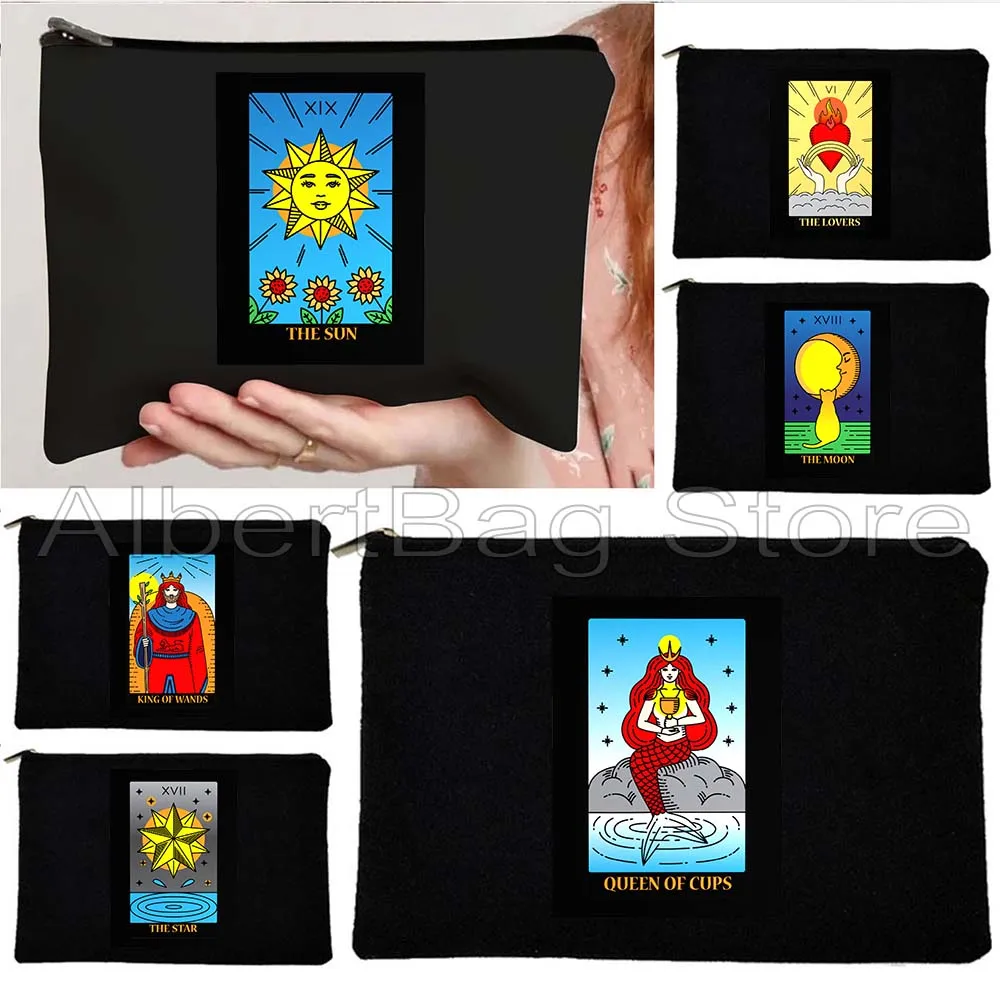 THE MOON SUN KING QUEEN CHARIOT EMPEROR EMPRESS FOOL HERMIT DEVIL Flower Cat Tarot Cosmetic Makeup Toilet Bag Pencil Case Pouch