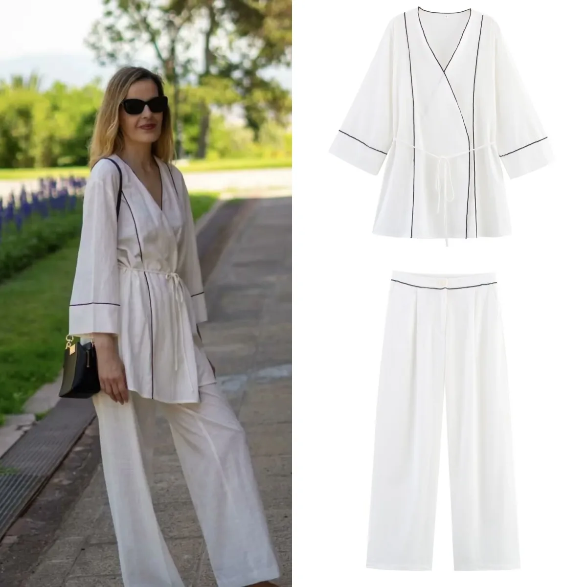 2025 chaqueta de falda doble de manga larga con diseño asimétrico y borde de color choque estilo festivo informal para mujer y pantalones sueltos de pierna ancha