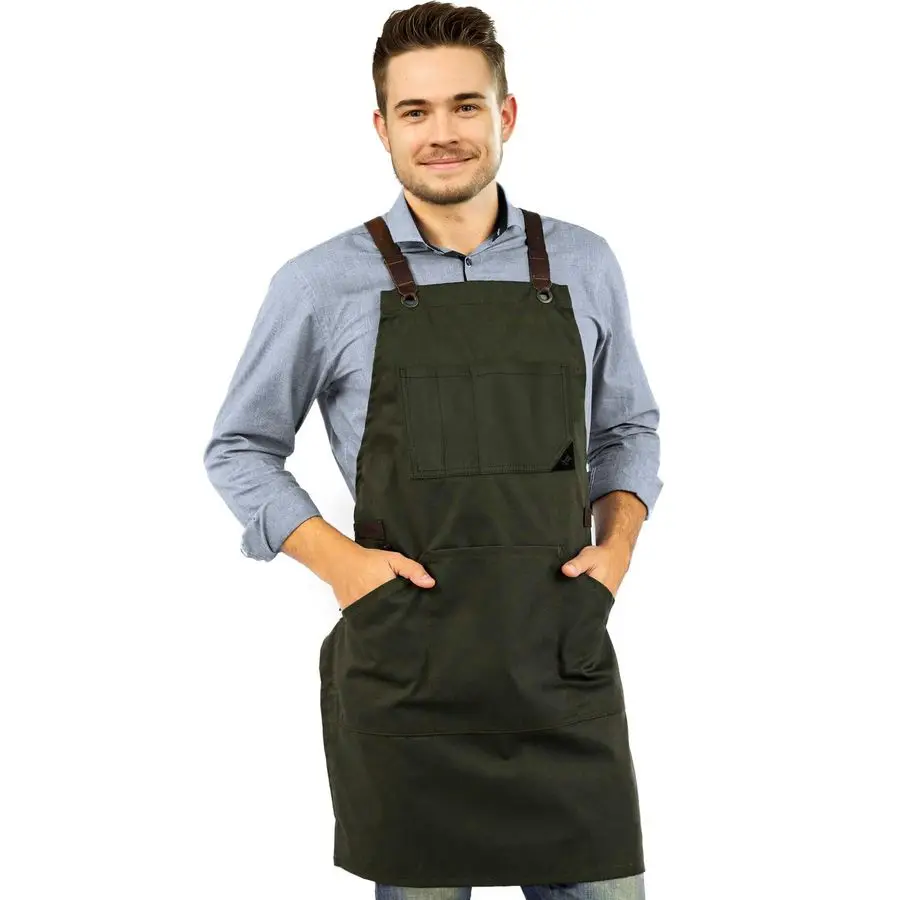 

NY Sky Essential Army Green Apron CrossBack with Durable Twill and Leather Reinforcement Adjustable for Men and Women Pro Chef,