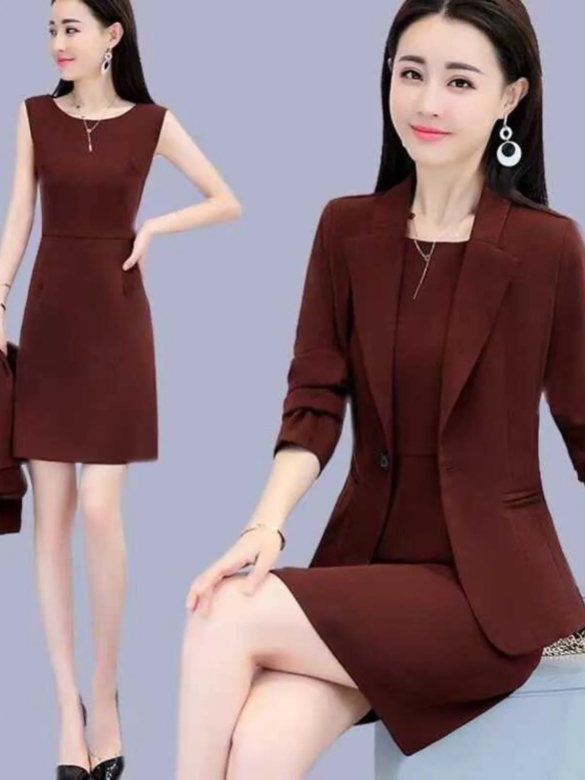 

Модный комплект из двух предметов для женщин среднего и старшего возраста: пиджак и платье в корейском стиле для весны и осени