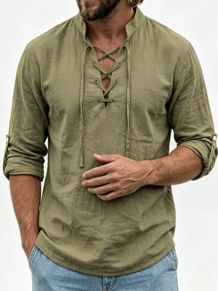 Men's Medieval Lace Up Linen Shirt, Stand Collar Long Sleeve Renaissance Pirate Blouse with Roll Tab Sleeves