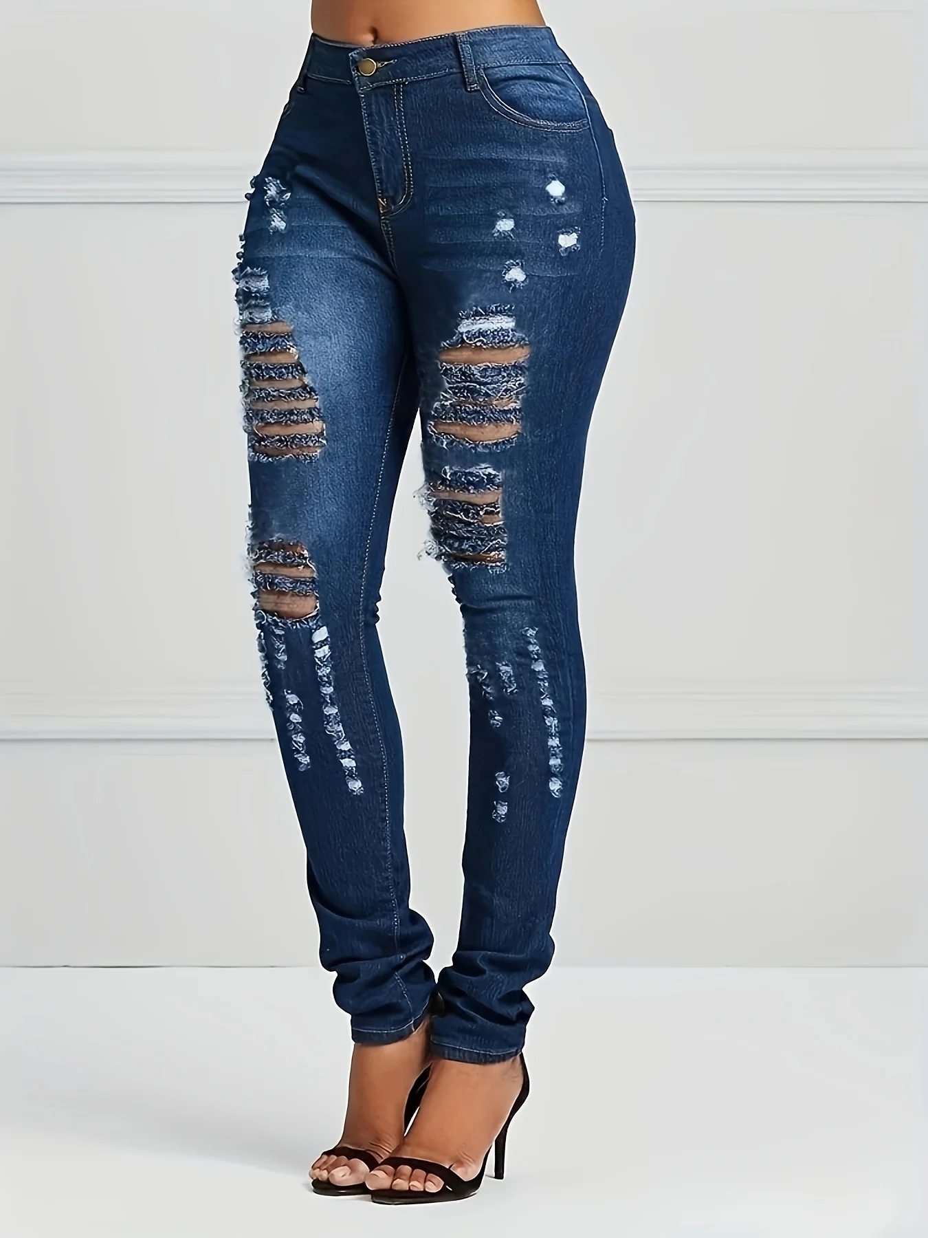 Women\'s Chic Distressed Skinny Jeans - High Waist Blue Denim with Ripped Holes & Slash Pockets for Casual Wear