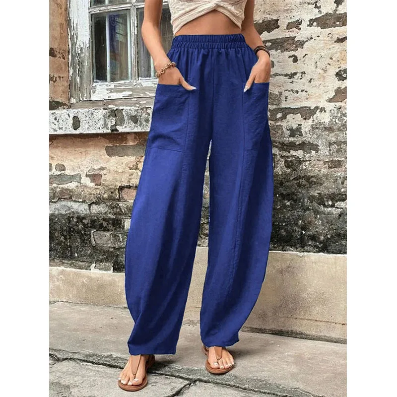 

Spring Summer Solid Color Fashion Elastic Waist Wide Leg Trousers Women High Street High Waist Pockets Vintage All-match Pants