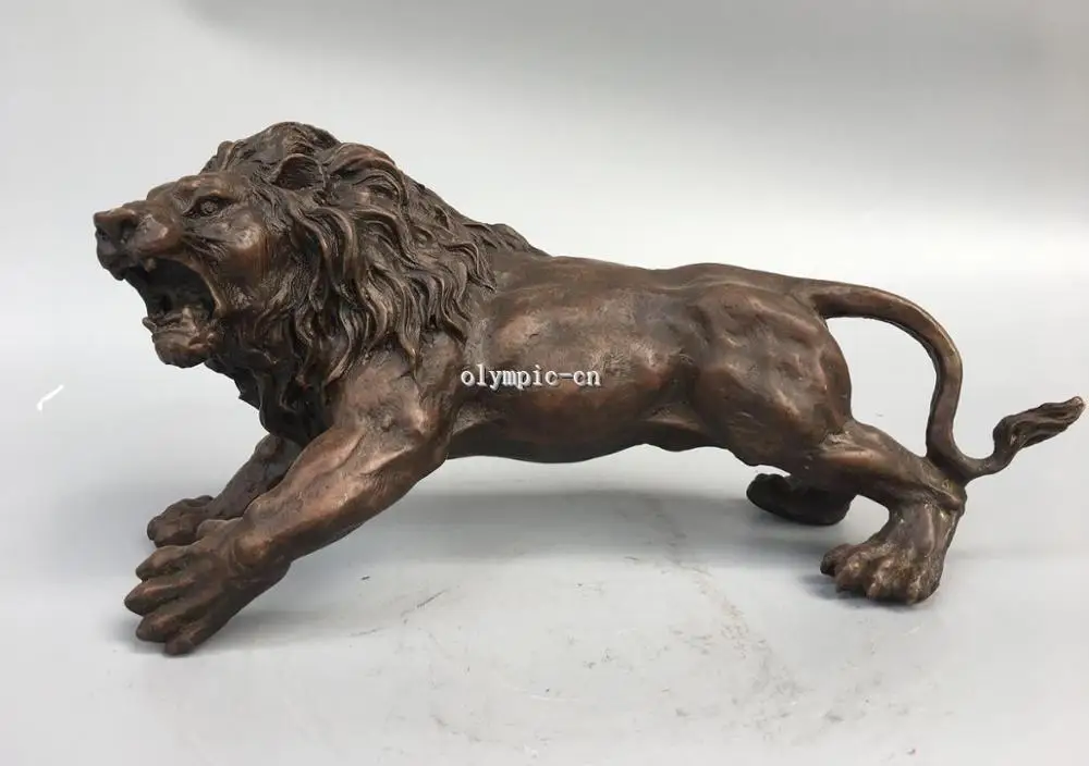 

13'' Classica red bronze carved animal ferocious beast male Lion statue