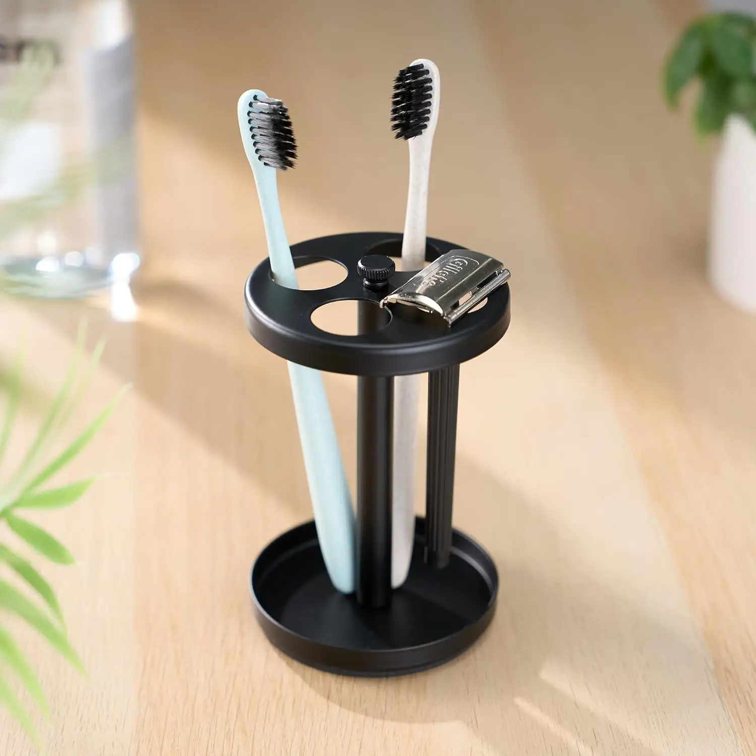 

Black Stainless Toothbrush Holder Stand: Rustproof Bathroom Countertop Organizer, 4 Ventilated Slots Hold Manual Toothbrushes