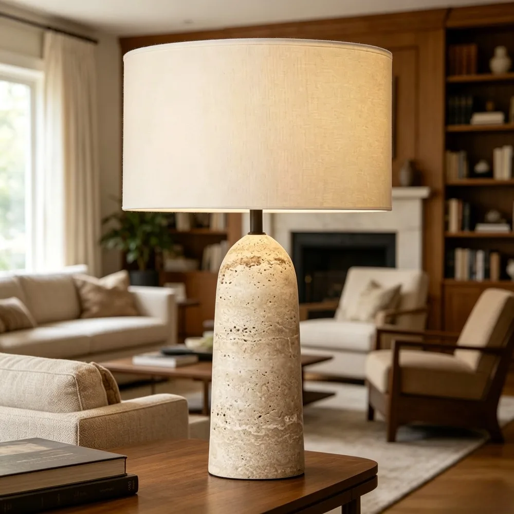 Japanese Wabi-sabi Yellow Travertine Base LED Table Lamp White Fabric Lampshade Living Room Bedroom