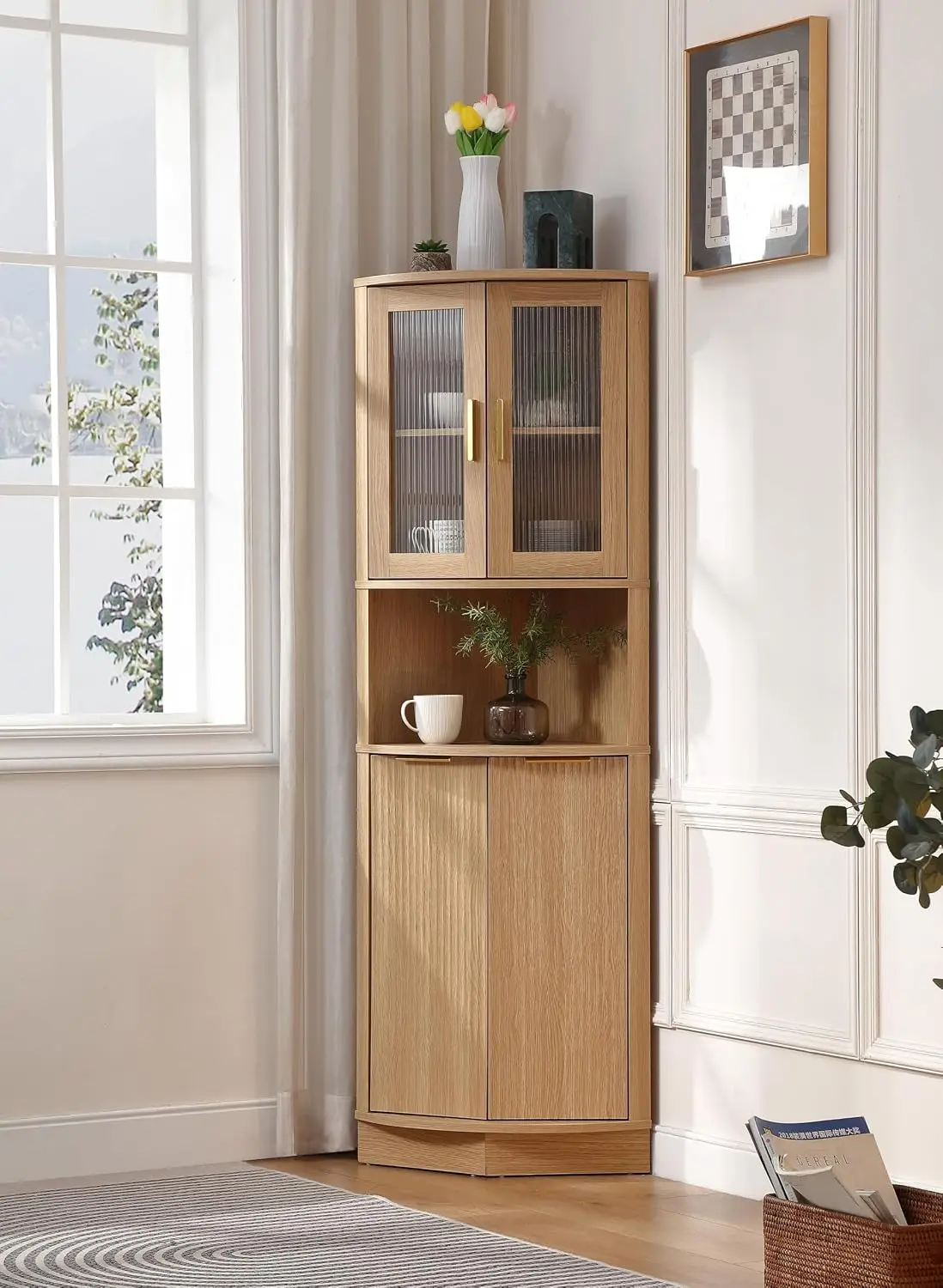 Modern Tall Corner Storage Cabinet With Fluted Glass Doors, Freestanding Space Saving Organizer Cupboard For Bathroom Kitchen Living Room, Contemporary Style, Natural Wood Color, 1 Pack