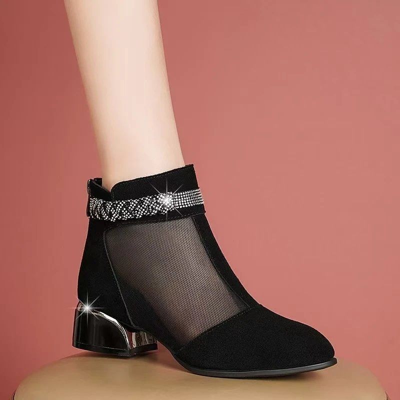

Women's Block Heel Mesh Leather Ankle Boots Spring Summer New Low Heel Round Toe Fashionable Rhinestone Zippers Cool Boots