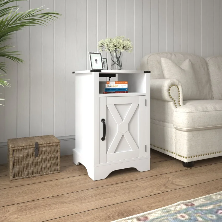 

Farmhouse Nightstand Side Table Wooden Rustic End Table Tall Bedside Table with Electrical Outlets Charging Station White