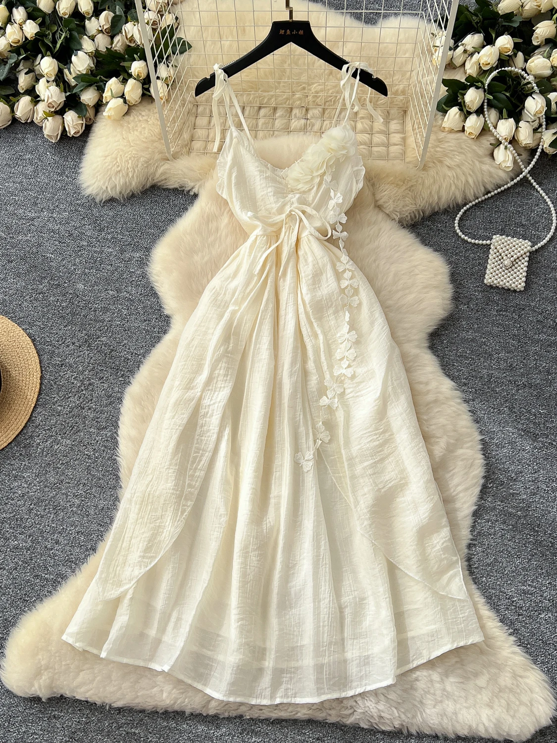 Beach Vaion Irregular Hem Strapl Waist Cinched Floral 3D Design Summer New Sle Women's Dr Korean Sle High Waist