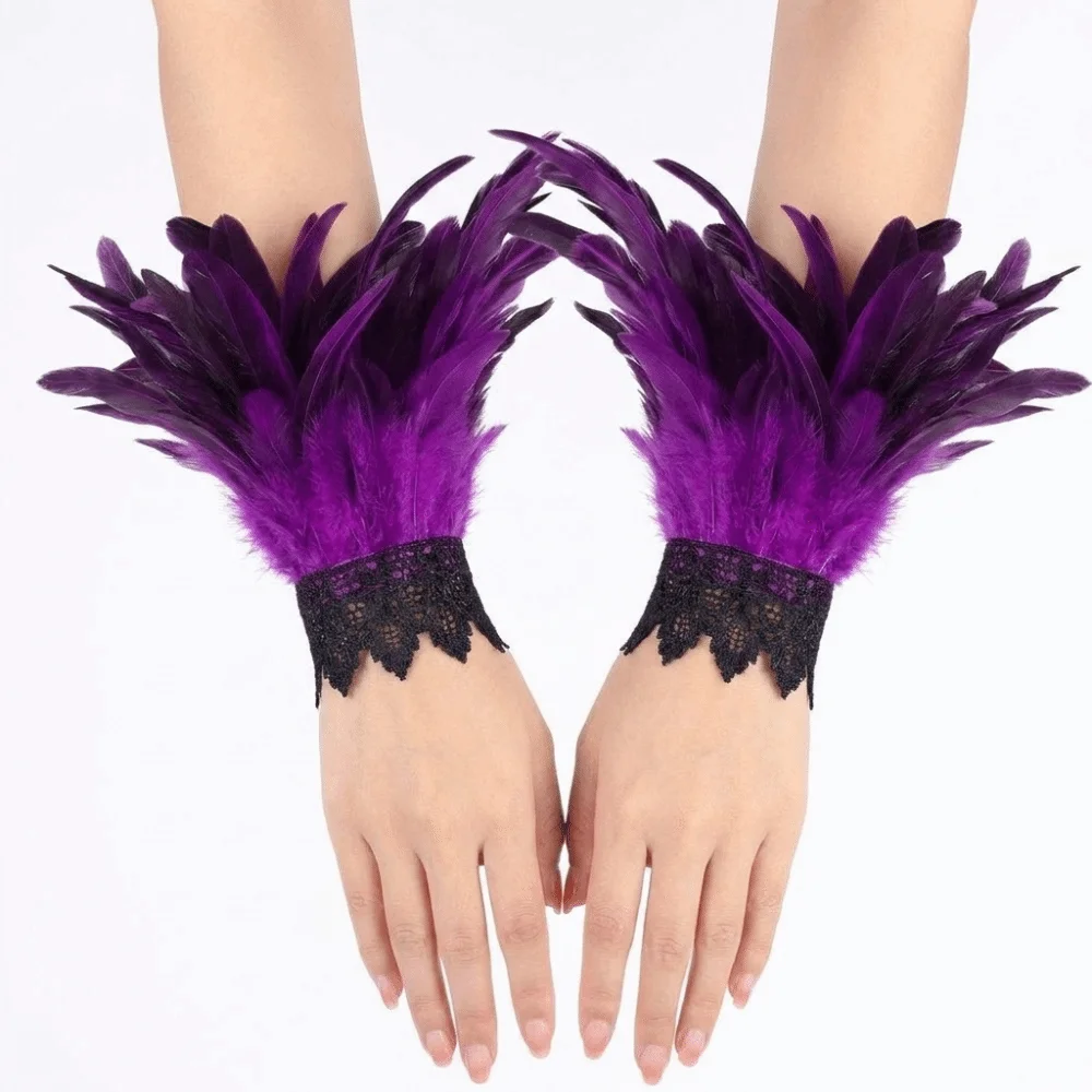 Vintage Black Fluffy Feather Wrist Cuffs Adjustable Lightweight Plume Bracelet Punk Gothic Wristband Themed Party