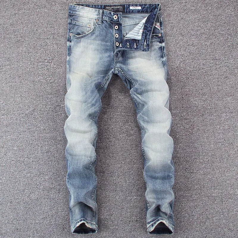 Italian style fashionable high-quality men's jeans slim fit elastic light blue jeans designer button down pants Y2K