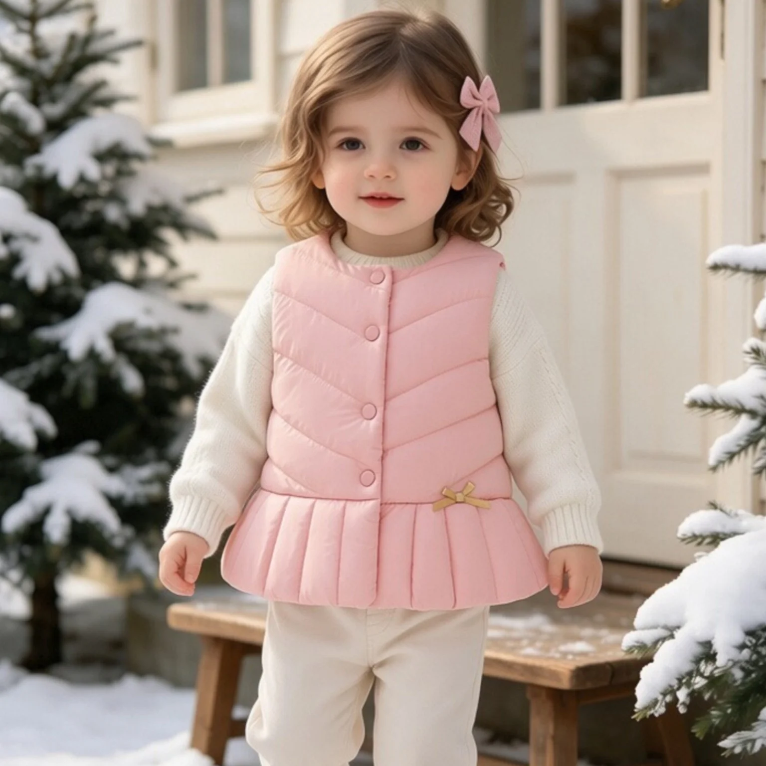Baby Girl Vest Outerwear Autumn/Winter Thickened Warm Sweet Pink Vest Top Daily Outdoor Children's Clothing 6 Months - 3 Years