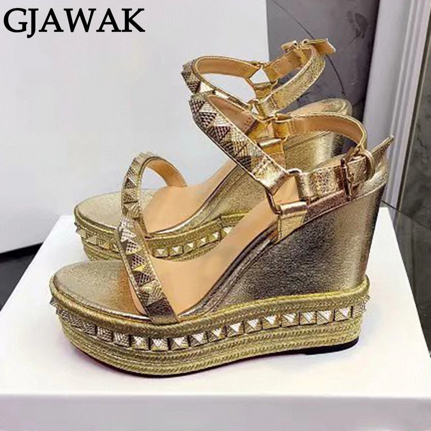Summer Rivet Studded Platform Sandals Women Wedge Heel Leather Party Shoes For Woman Runway Ankle Strap Women's Sandals
