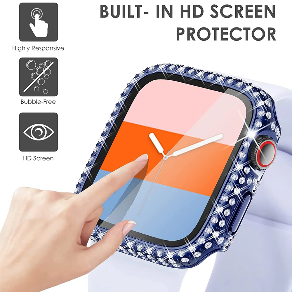 Glass+Diamond Case for Apple Watch Series 7 8 45mm 41mm Glitter Rhinestone Protector Full Protection Bumper for Iwatch Series 9