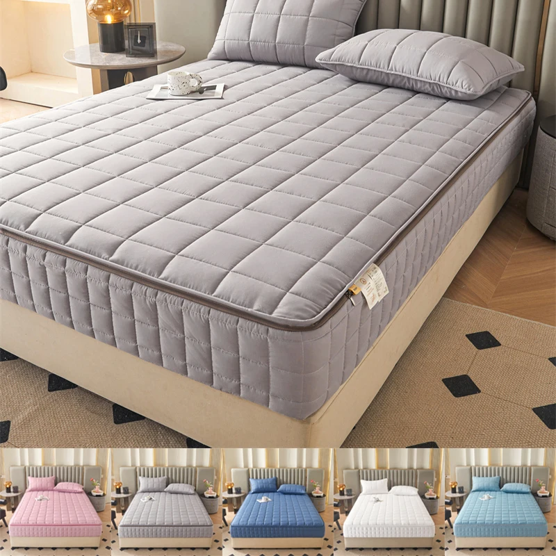 Thicken 6-Sides Bed Fitted Sheet Full Enclosed Mattress Cover with Zipper Quilted Bedding Protector Dust-Proof Soft Mattress Pad