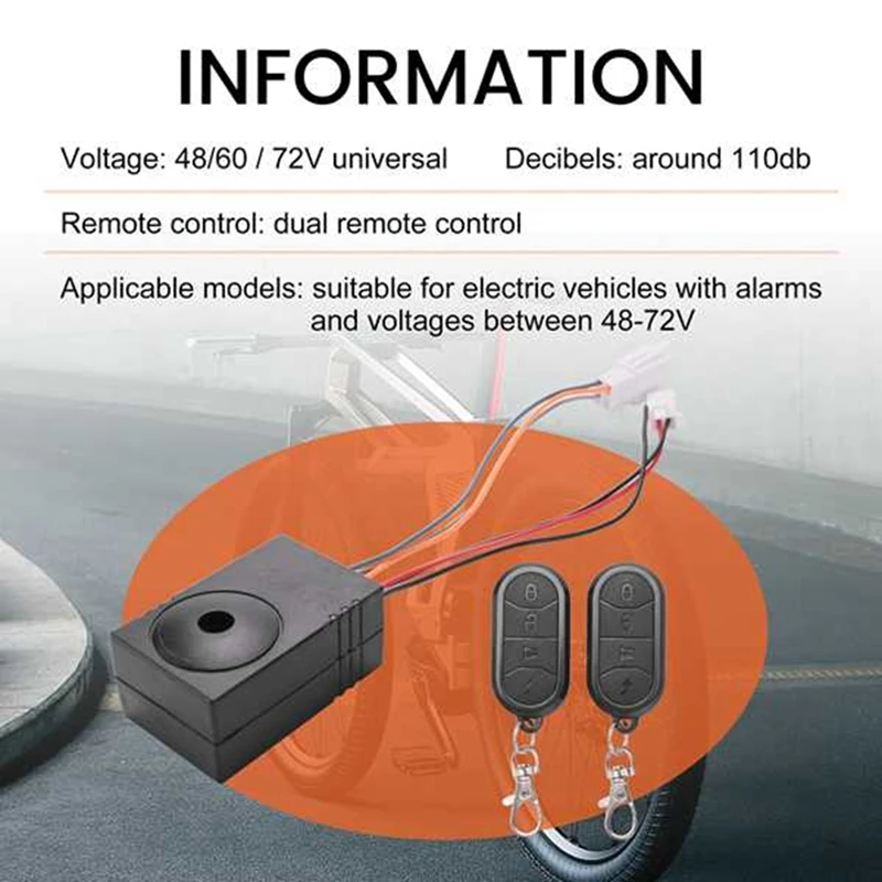 Ebike Alarm System Dual Remote Control 36V 48V 60V 72V Universal Waterproof Electric Bike Replacement Larm Accessories