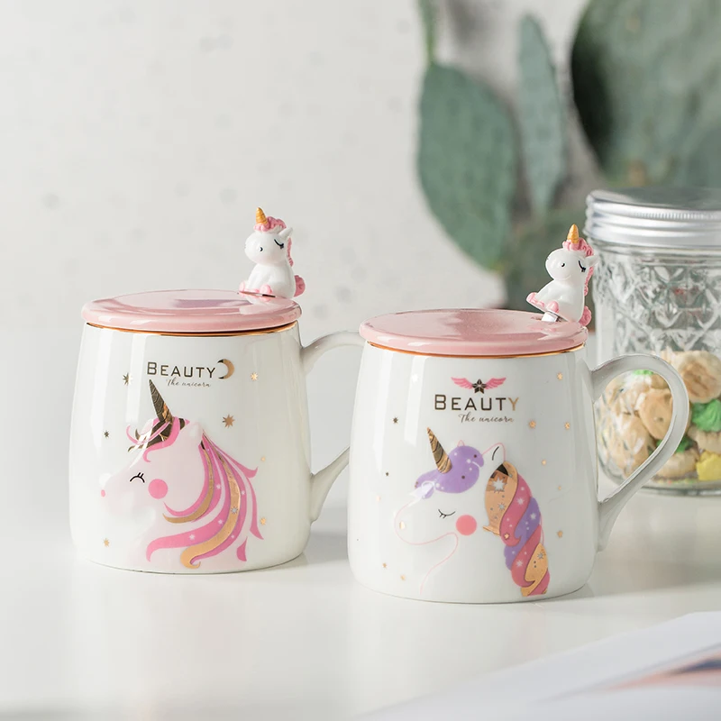 Unicorn Mug with Lid and Spoon, Creative Ceramic Water Cup, Coffee Milk and Breakfast Cup