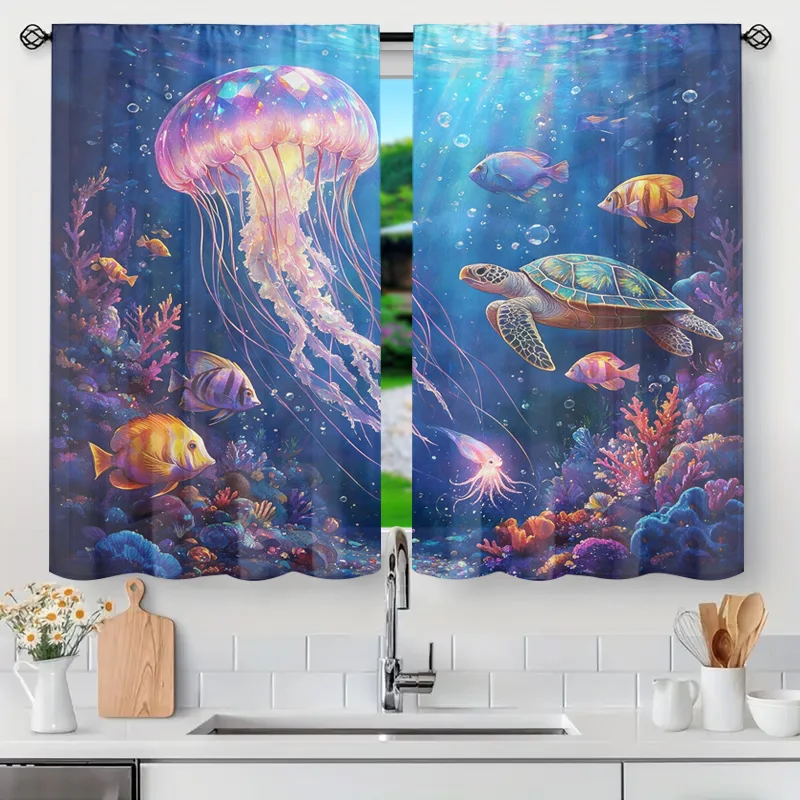 Vibrant Underwater Ocean Jellyfish Coral Marine Life Curtain Decorative Bathroom Window Panel Waterproof Tropical Coastal Nautic