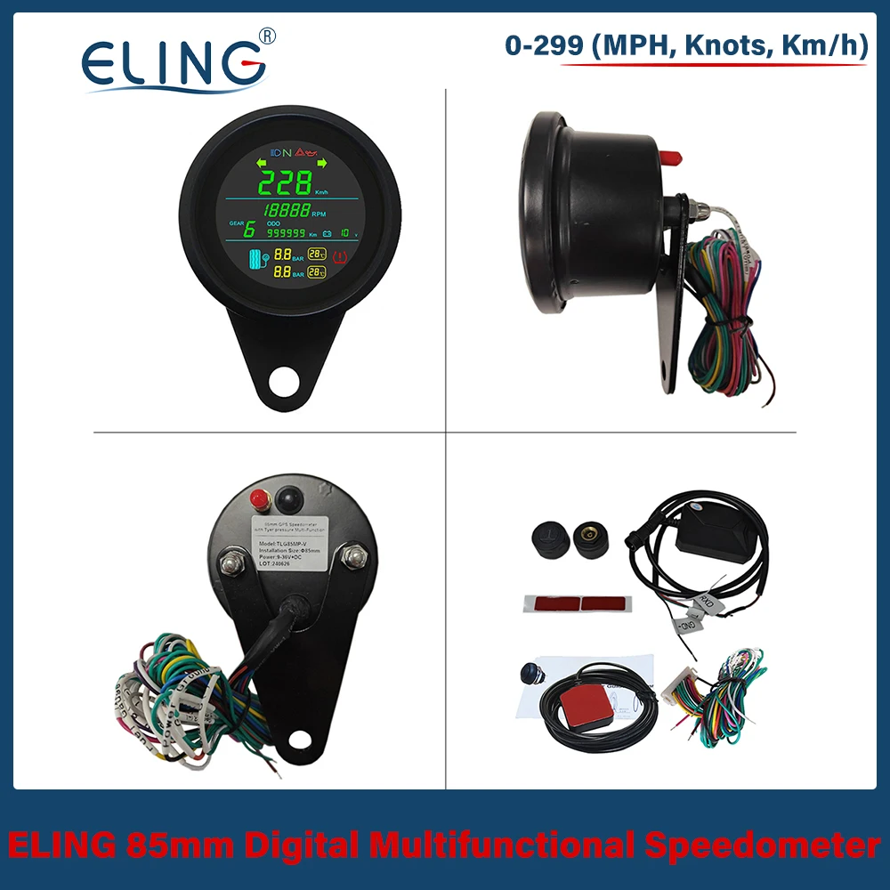 

ELING 12V 24V 85mm GPS Speedometer Odometer with Tire Pressure Temperature Alarm Tachometer Fuel Level Gauge Volt for Motorcycle