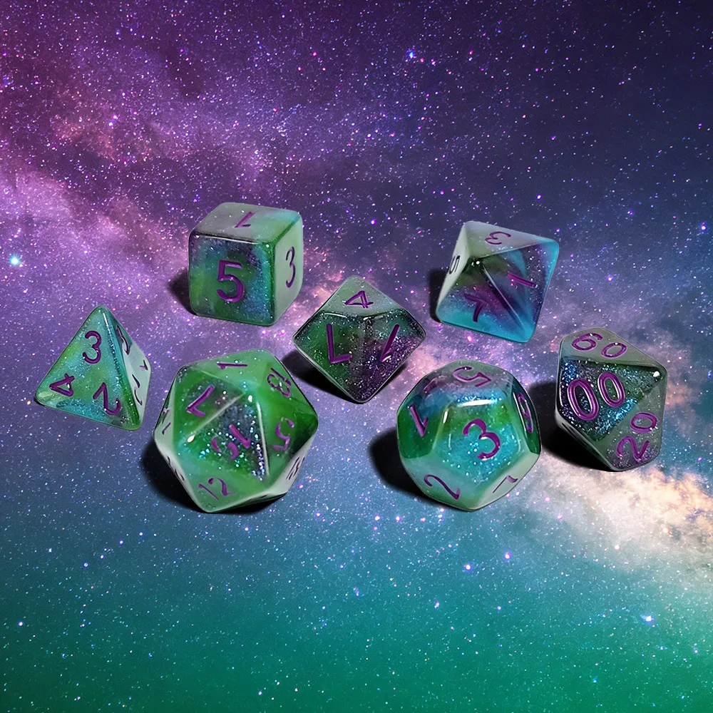 7Pcs Green Purple Glitter Acrylic DND Dice Set, Polyhedral D4-D20 RPG Table Game Dice for Dungeons & Dragons TRPG Board Game