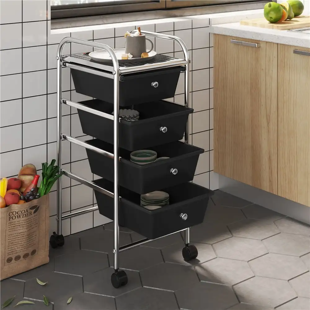 Easyfashion Rolling Trolley Storage Cart Bin with 4 Plastic Drawers on Wheels, Black file cabinet