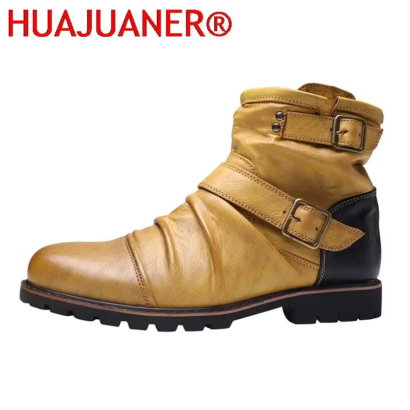 

Men Cowboys Boots Leather Wear-Resistant Waterproof Non-Slip Zipper High-Top Ankle Shoes Fashion Outdoor Winter Hiking Shoes