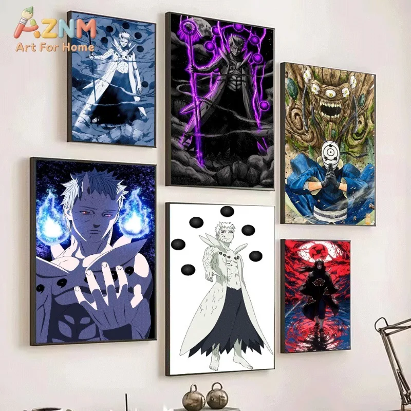 Naruto Canvas Wall Art Six Paths Obito Blue Tone Anime Print With Uchiha Villain Portraits For Teen Boys Bedroom Gaming Unframed