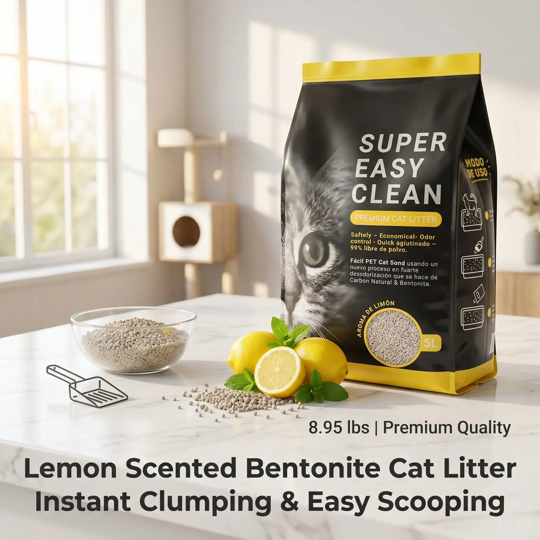 Lemon‑Scented Bentonite Clay Cat Litter 8.95 Lbs, Swift Absorption Firm Clumping, Anti‑Sticking No Mess, Powerful Odor Neutralizing Pet Cat Litter For Litter Box Daily Maintenance