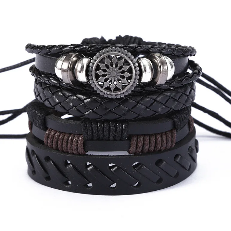 Men's Vintage Black Leather Bracelet Set Multi-Layer Braided Retro Metal Accents Adjustable Boho Punk Style Bracelets