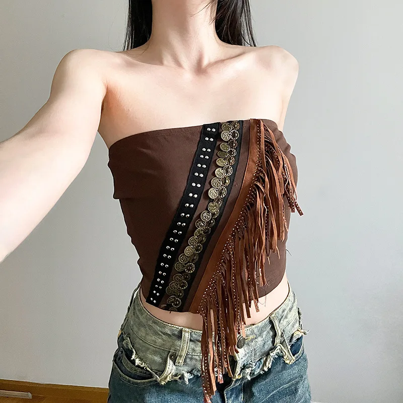 vintage strapless shirt women retro tube top off the shoulder vest bandeau crop tops metal buckle tassel fringe backless