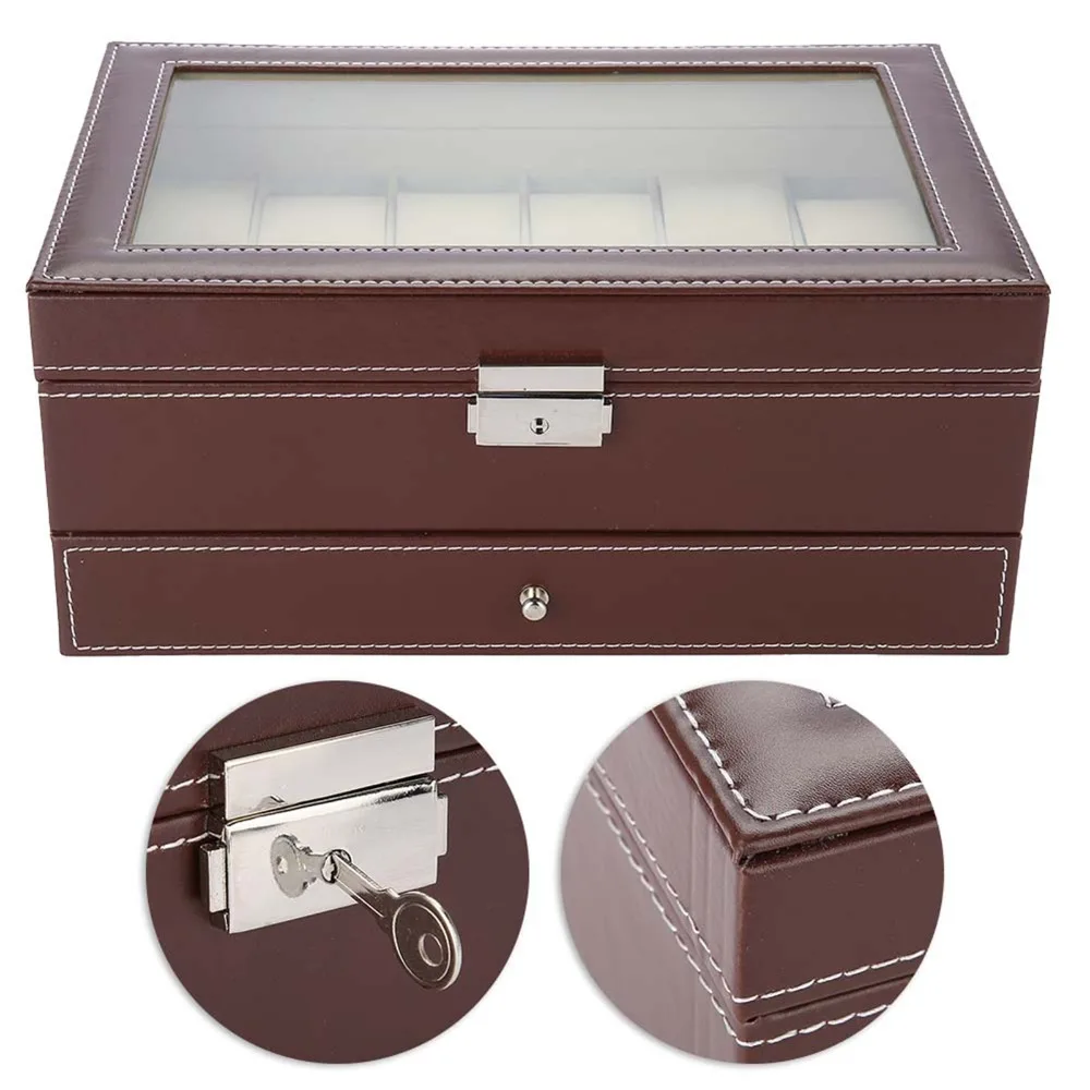 

Double Layer Watch Jewelry Box Leather Material Brown Color Watch Storage Case Dual-purpose 12 Slots Ornament Organizer