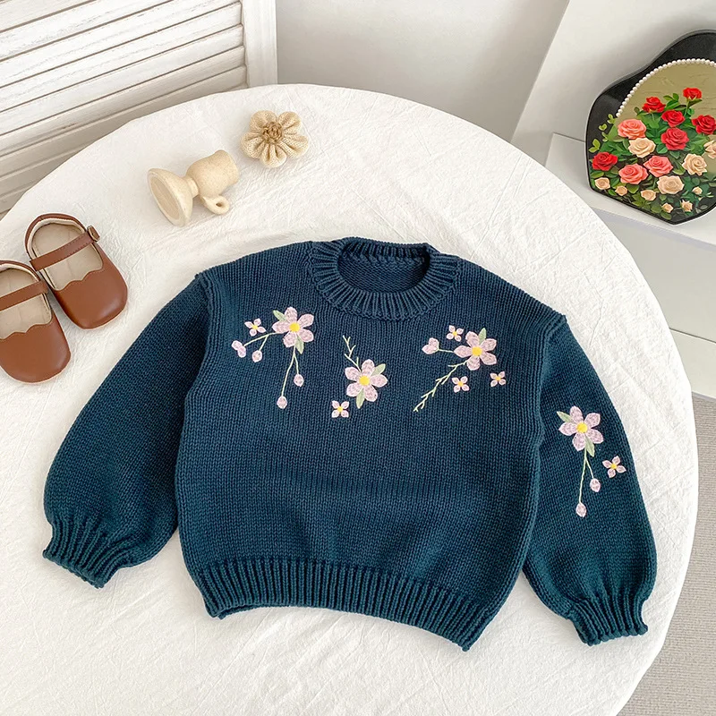 Autumn Knitted Sweater Girl Baby Childrens Flower Embroidered Crewneck Knitted Infant Toddler Long Sleeve Knit Flower Pullover
