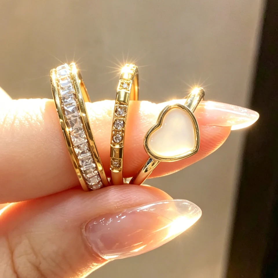 Yupsk Creative Fashion Stainless Steel Stackable 3pcs/Set Rings for Women Heart Finger Ring Daily Versatile Accessories