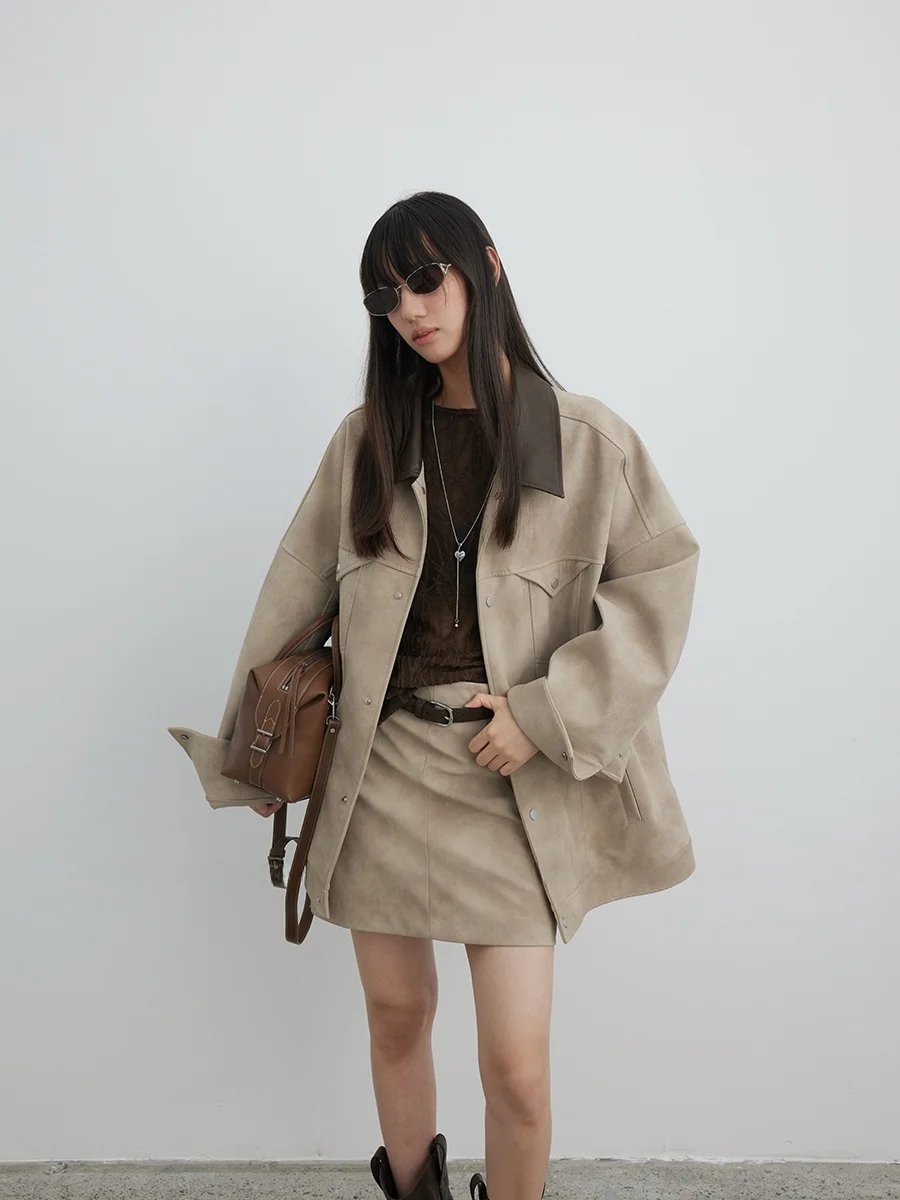 

Комплект JCCC: Кожаная куртка и юбка из искусственной кожи под цемент, ранняя осень 2025, молодежный, стандартная длина