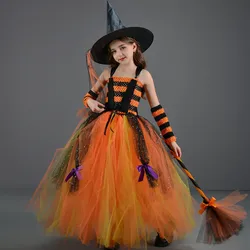 Halloween Dress for Girls Cosplay Witch Costume Yellow Strappy Puffy Stripe Dress Children Carnival Party Clothes Suit Hat Broom