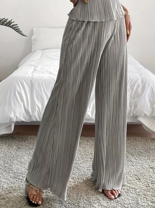 Fashion Women\'s Solid Color Pleated Elasticated Waist Straight Leg Casual Pants High Waist Loose Drap Trousers Women