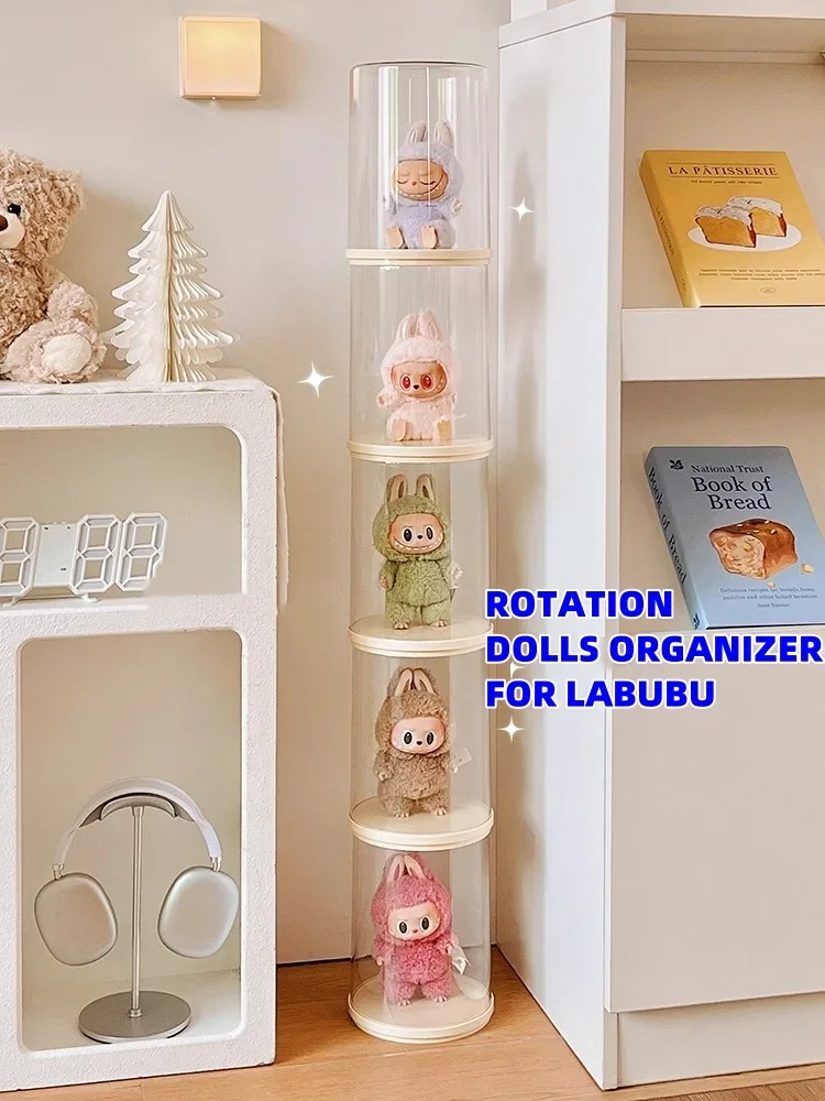 For LABUBU Display Box Rotation Acrylic Dustproof Blind Box Organizer Individual Box Figurine Display Cabinet For for POP-MART