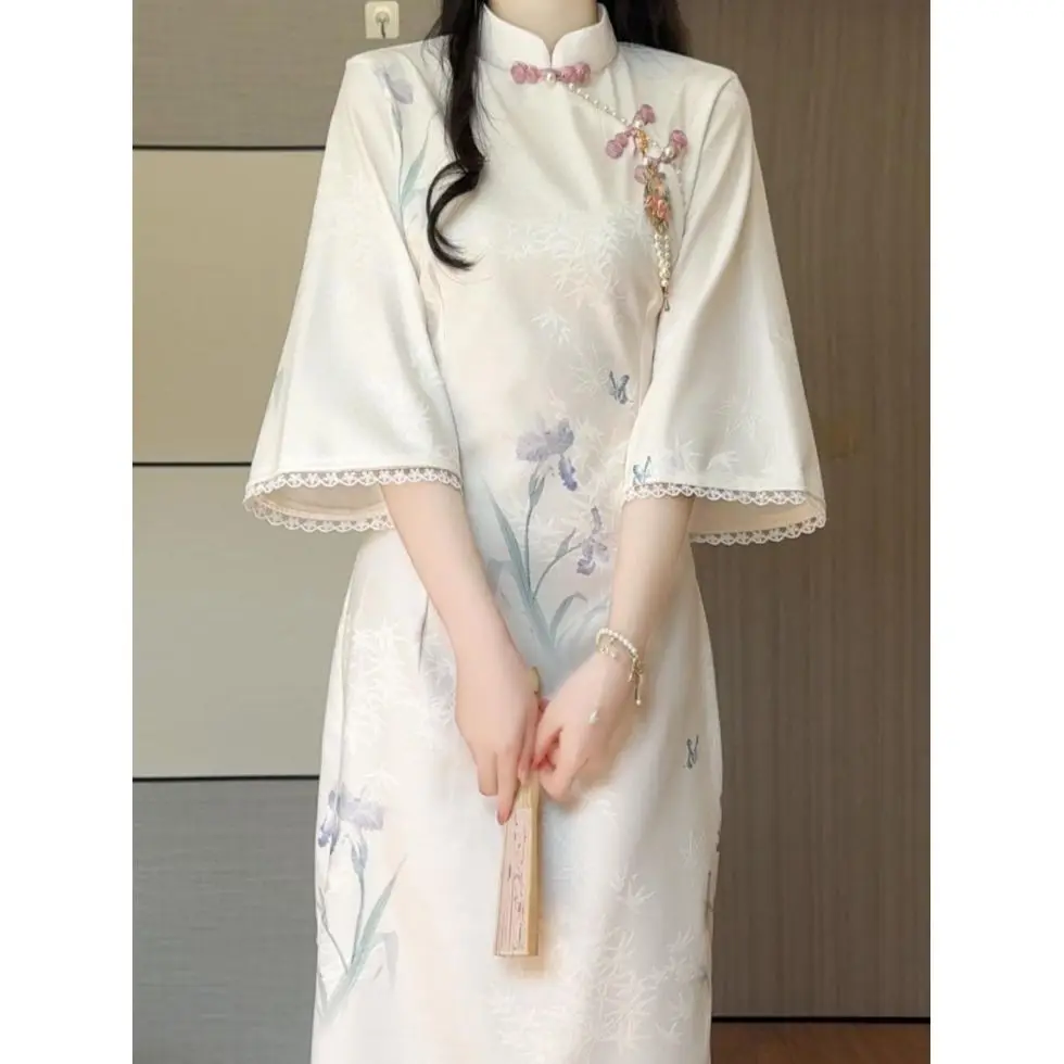 Spring High End Modern Cheongsam New Chinese Style Floral Big Sleeves Long Dress for Young Girls Qipao Mandarin Dress CH-177