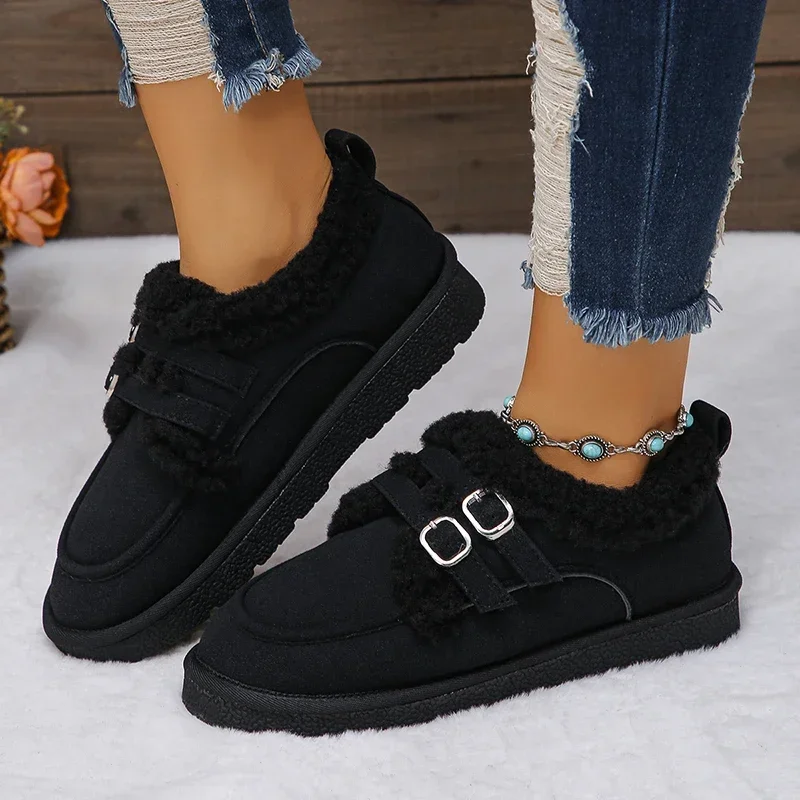 Classics Black Warm Plush Flat Sole Shoes Women Double Buckle Decor Casual Shoes Soft Comfortable Big Size Loafers