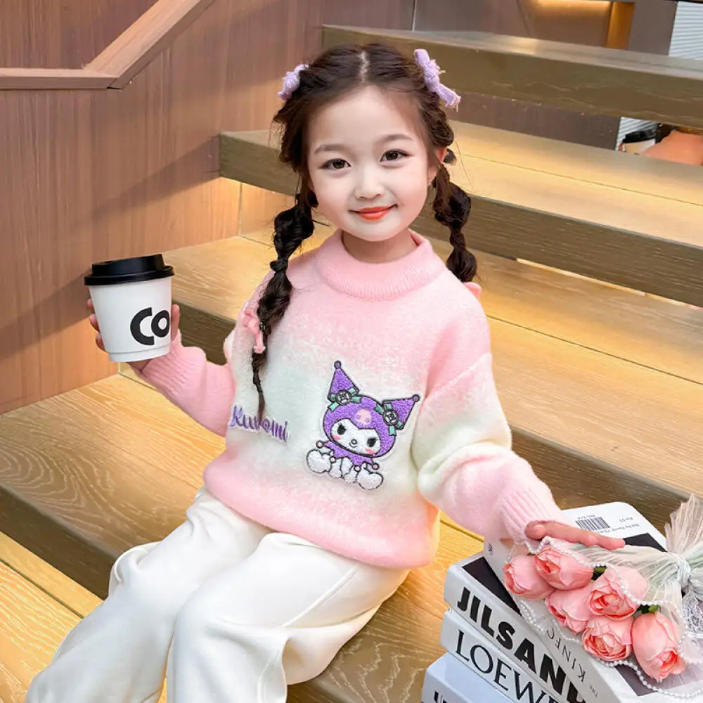 

Sanrio Girls Cartoon Sweater New Autumn and Winter Children's Winter Thickened Kuromi Baby Girl's Winter Knitted Bottoming Shirt