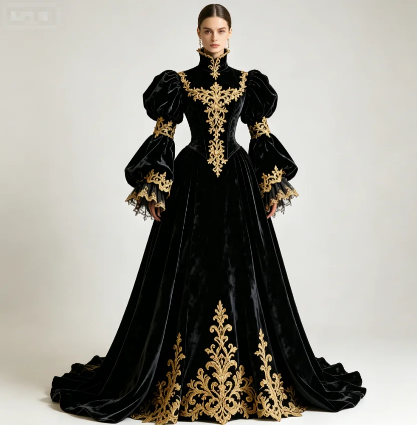 Vintage Tudor Schwarzes Abendkleid mit goldener Spitze, Renaissance-Kostüm, Ballkleid, elegantes, ästhetisches, mittelalterliches Partykleid aus Samt