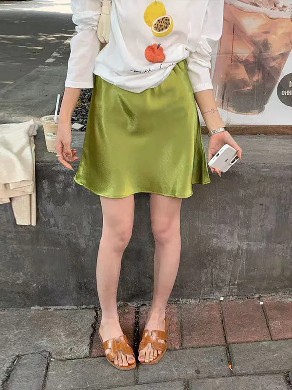 MosesQueen Green Silk Satin A-Line  Skirt Summer Elegant Commuting Slimming High Waist Polyester Fiber Casual Fish Tail S...