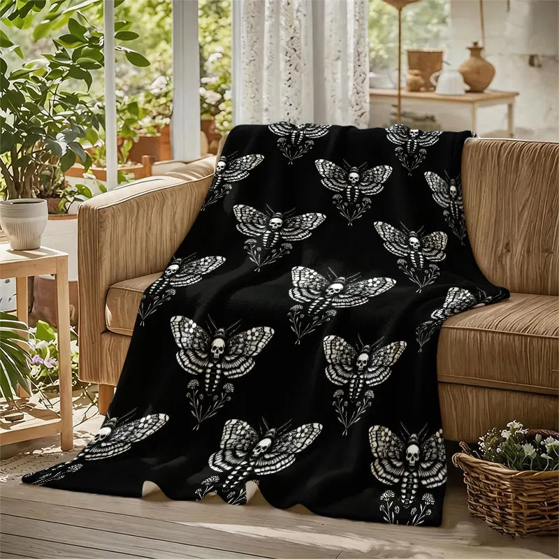 Skull Moth Gothic Pattern Flannel Blanket Warm Soft Halloween Christmas Decorative Couch Warm Cozy All-Season Gift