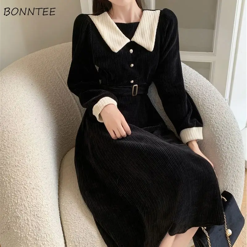 Dresses Women Vintage Design Fashion Temperament British Style Peter Pan Collar Leisure Empire Sweet Patchwork Stylish Vestidos